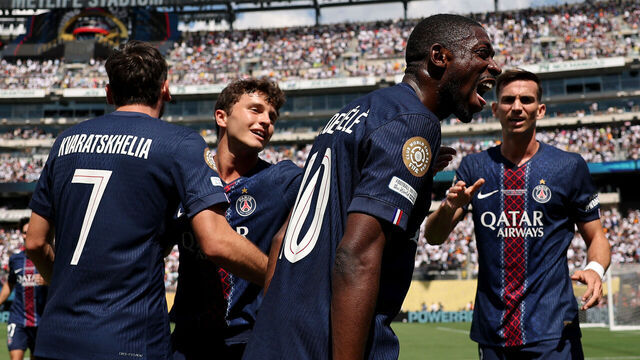 EAST RUTHERFORD, NEW JERSEY - JULY 09: Ousmane Dembele #10 of Paris Saint-Germain celebrates scoring his team's second goal with teammates during the FIFA Club World Cup 2025 semi-final match between Paris Saint-Germain and Real Madrid CF at MetLife Stadium on July 09, 2025 in East Rutherford, New Jersey.