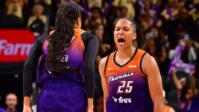 PHOENIX, AZ - JULY 9: Alyssa Thomas #25 of the Phoenix Mercury celebrates during the game on July 9, 2025 at Footprint Center in Phoenix, Arizona. Mandatory Copyright Notice: Copyright 2025 NBAE