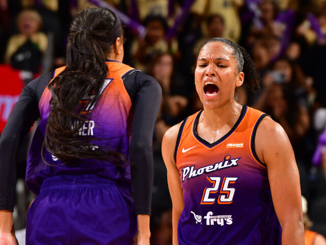 PHOENIX, AZ - JULY 9: Alyssa Thomas #25 of the Phoenix Mercury celebrates during the game on July 9, 2025 at Footprint Center in Phoenix, Arizona. Mandatory Copyright Notice: Copyright 2025 NBAE