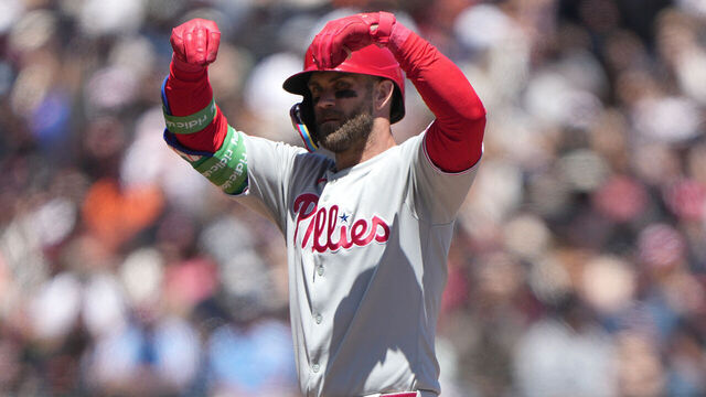 SAN FRANCISCO, CALIFORNIA - JULY 09: Bryce Harper #3 of the Philadelphia Phillies standing on second base reacts after hitting a double against the San Francisco Giants in the top of the six inning at Oracle Park on July 09, 2025 in San Francisco, California.