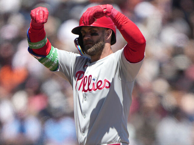 SAN FRANCISCO, CALIFORNIA - JULY 09: Bryce Harper #3 of the Philadelphia Phillies standing on second base reacts after hitting a double against the San Francisco Giants in the top of the six inning at Oracle Park on July 09, 2025 in San Francisco, California.