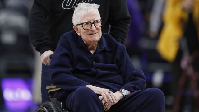SALT LAKE CITY, UT - NOVEMBER 27: Frank Layden former head coach of the Utah Jazz arrives on the court before their game against the New Orleans Pelicans at the Delta Center on November 27, 2023 in Salt Lake City, Utah.