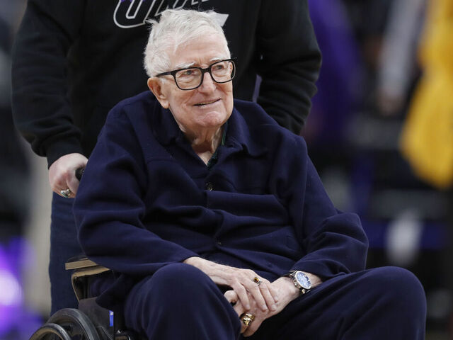 SALT LAKE CITY, UT - NOVEMBER 27: Frank Layden former head coach of the Utah Jazz arrives on the court before their game against the New Orleans Pelicans at the Delta Center on November 27, 2023 in Salt Lake City, Utah.
