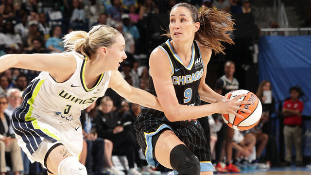 CHICAGO, IL - JULY 9: Rebecca Allen #9 of the Chicago Sky handles the ball during the game against the Dallas Wings on July 9, 2025 at the Wintrust Arena in Chicago, IL. Mandatory Copyright Notice: Copyright 2025 NBAE