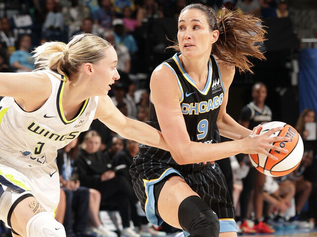 CHICAGO, IL - JULY 9: Rebecca Allen #9 of the Chicago Sky handles the ball during the game against the Dallas Wings on July 9, 2025 at the Wintrust Arena in Chicago, IL. Mandatory Copyright Notice: Copyright 2025 NBAE