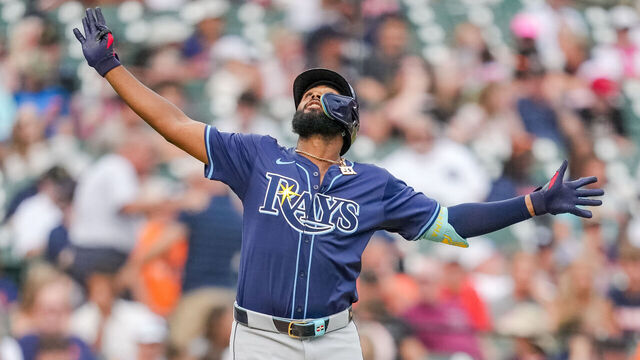 DETROIT, MICHIGAN - JULY 09: Junior Caminero #13 of the Tampa Bay Rays reacts after hitting a home run against the Detroit Tigers during the top of the seventh inning at Comerica Park on July 09, 2025 in Detroit, Michigan.