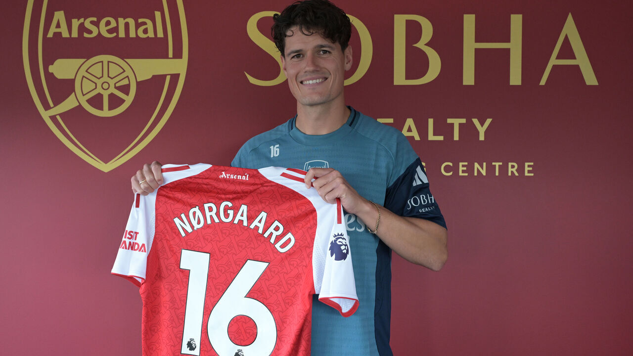 LONDON COLNEY, ENGLAND - JULY 09: Arsenal unveil new signing Christian Norgaard at Sobha Realty Training Centre on July 09, 2025 in London Colney, England.