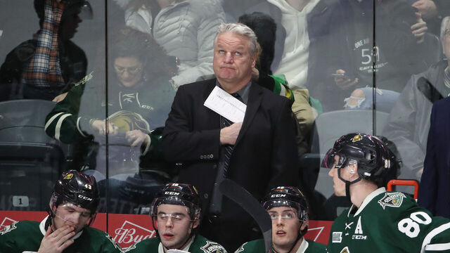 LONDON, ON - FEBRUARY 13: Head coach Dale Hunter of the London Knights looks on from behind the bench in the third period during OHL game action against the Guelph Storm at Budweiser Gardens on February 13, 2019 in London, Canada.