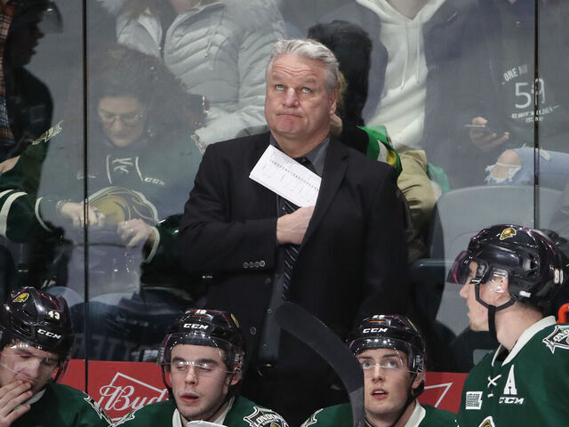 LONDON, ON - FEBRUARY 13: Head coach Dale Hunter of the London Knights looks on from behind the bench in the third period during OHL game action against the Guelph Storm at Budweiser Gardens on February 13, 2019 in London, Canada.