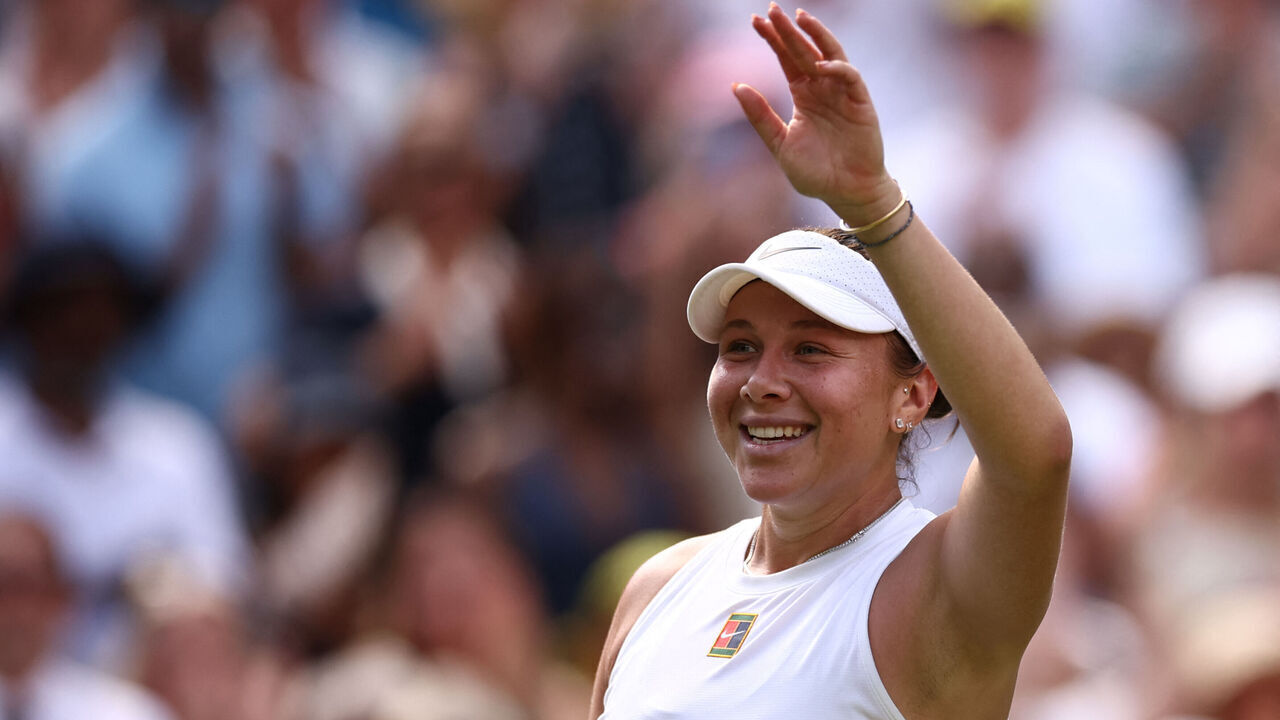 US player Amanda Anisimova celebrates after winning against Belarus's Aryna Sabalenka during their women's singles semi-final tennis match on the eleventh day of the 2025 Wimbledon Championships at The All England Lawn Tennis and Croquet Club in Wimbledon, southwest London, on July 10, 2025.