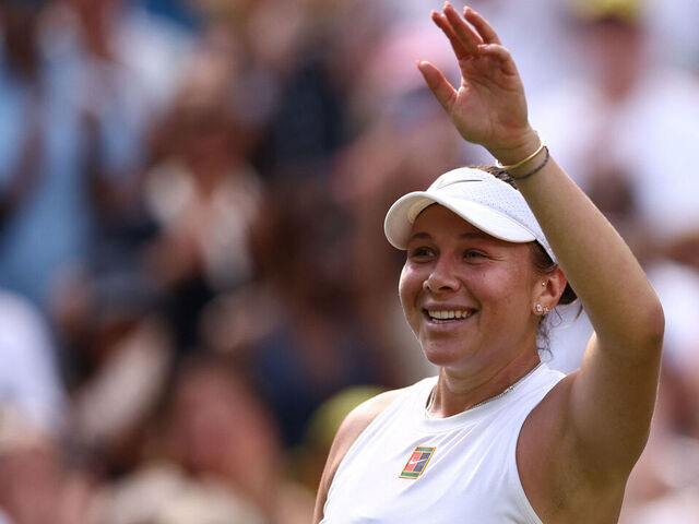 US player Amanda Anisimova celebrates after winning against Belarus's Aryna Sabalenka during their women's singles semi-final tennis match on the eleventh day of the 2025 Wimbledon Championships at The All England Lawn Tennis and Croquet Club in Wimbledon, southwest London, on July 10, 2025.