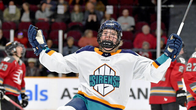 OTTAWA, ONTARIO - MARCH 25: Sarah Fillier #10 of the New York Sirens celebrates her goal against the Ottawa Charge during the third period of their PWHL game at The Arena at TD Place on March 25, 2025 in Ottawa, Ontario.