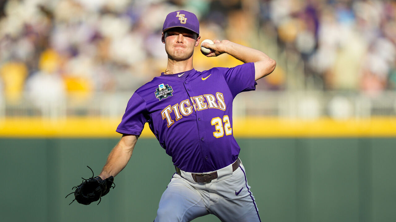 OMAHA, NEBRASKA - JUNE 21: Kade Anderson #32 of the LSU Tigers pitches against the Coastal Carolina Chanticleers in Game 1 of the NCAA College World Series baseball finals at Charles Schwab Field on June 21, 2025 in Omaha, Nebraska.
