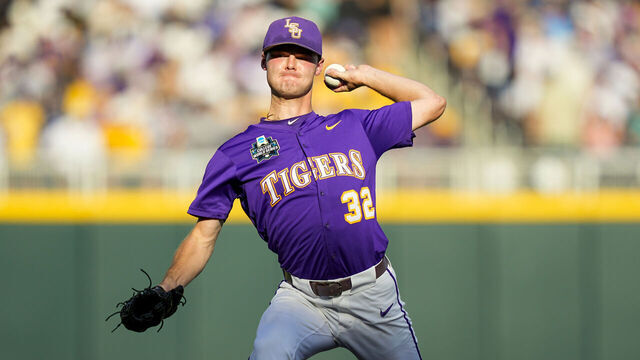OMAHA, NEBRASKA - JUNE 21: Kade Anderson #32 of the LSU Tigers pitches against the Coastal Carolina Chanticleers in Game 1 of the NCAA College World Series baseball finals at Charles Schwab Field on June 21, 2025 in Omaha, Nebraska.