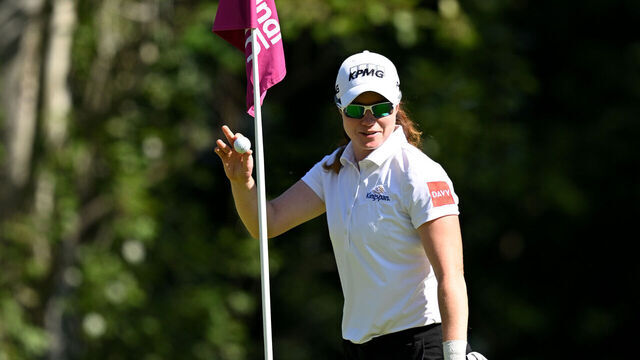 EVIAN-LES-BAINS, FRANCE - JULY 10: Leona Maguire of Ireland celebrate hitting a hole in one on the second hole during Round One of The Amundi Evian Championship 2025 at Evian Resort Golf Club on July 10, 2025 in Evian-les-Bains, France.
