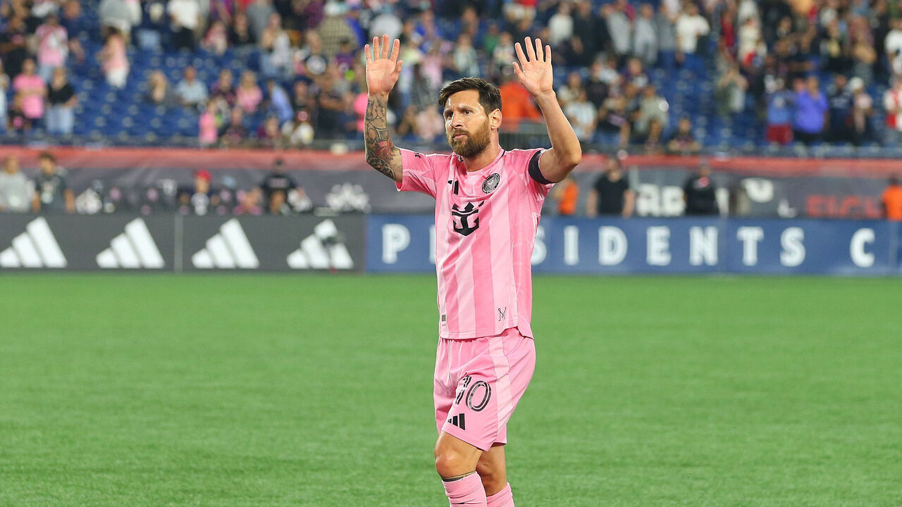FOXBOROUGH, MA - JULY 09: Lionel Messi #10 of Inter Miami waves to fans following the MLS match between New England Revolution and Inter Miami CF on July 9, 2025, at Gillette Stadium in Foxborough, MA.