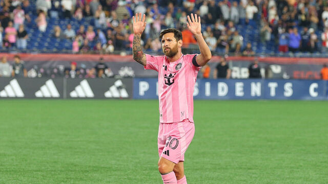 FOXBOROUGH, MA - JULY 09: Lionel Messi #10 of Inter Miami waves to fans following the MLS match between New England Revolution and Inter Miami CF on July 9, 2025, at Gillette Stadium in Foxborough, MA.