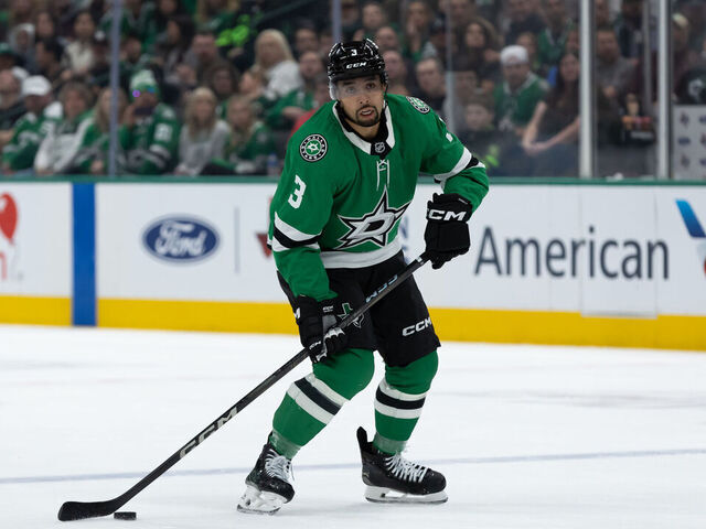 DALLAS, TEXAS - APRIL 12: Mathew Dumba #3 of the Dallas Stars controls the puck during the first period against the Utah Hockey Club at American Airlines Center on April 12, 2025 in Dallas, Texas.