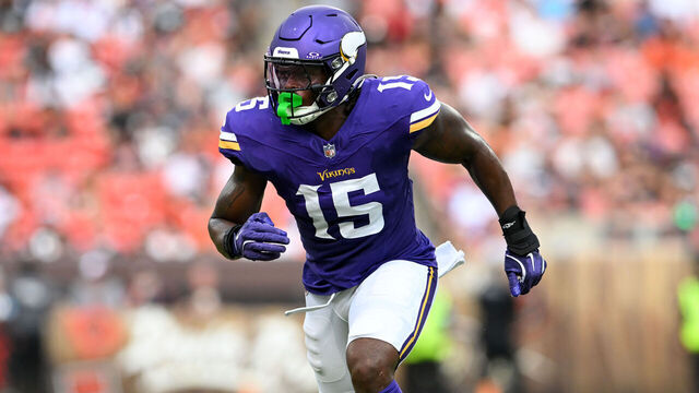 CLEVELAND, OHIO - AUGUST 17: Dallas Turner #15 of the Minnesota Vikings rushes the line of scrimmage during the first half of a preseason game against the Cleveland Browns at Cleveland Browns Stadium on August 17, 2024 in Cleveland, Ohio.