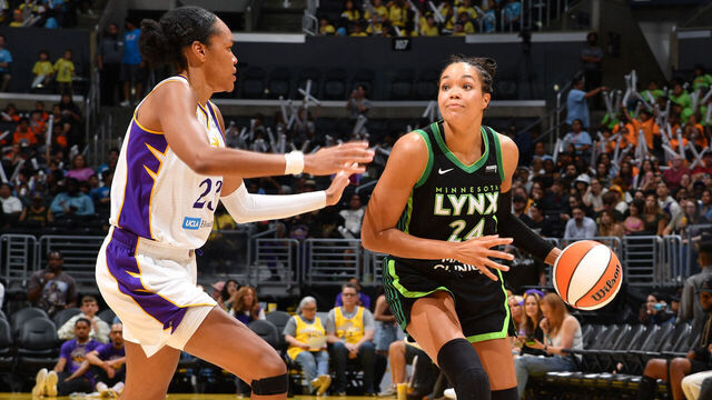 LOS ANGELES, CA - JULY 10: Napheesa Collier #24 of the Minnesota Lynx handles the ball during the game against the Los Angeles Sparks on July 10, 2025 at Crypto.com Arena in Los Angeles, California. NOTE TO USER: User expressly acknowledges and agrees that, by downloading and/or using this Photograph, user is consenting to the terms and conditions of the Getty Images License Agreement. Mandatory Copyright Notice: Copyright 2025 NBAE