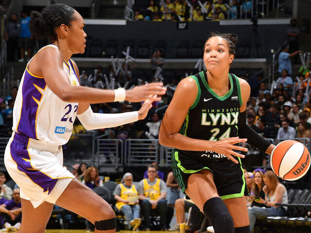 LOS ANGELES, CA - JULY 10: Napheesa Collier #24 of the Minnesota Lynx handles the ball during the game against the Los Angeles Sparks on July 10, 2025 at Crypto.com Arena in Los Angeles, California. NOTE TO USER: User expressly acknowledges and agrees that, by downloading and/or using this Photograph, user is consenting to the terms and conditions of the Getty Images License Agreement. Mandatory Copyright Notice: Copyright 2025 NBAE