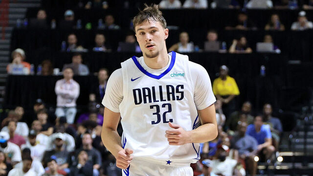 LAS VEGAS, NEVADA - JULY 10: Cooper Flagg #32 of the Dallas Mavericks runs on the court in the second half of a 2025 NBA Summer League game against the Los Angeles Lakers at the Thomas & Mack Center on July 10, 2025 in Las Vegas, Nevada.