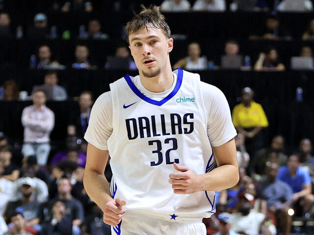 LAS VEGAS, NEVADA - JULY 10: Cooper Flagg #32 of the Dallas Mavericks runs on the court in the second half of a 2025 NBA Summer League game against the Los Angeles Lakers at the Thomas & Mack Center on July 10, 2025 in Las Vegas, Nevada.