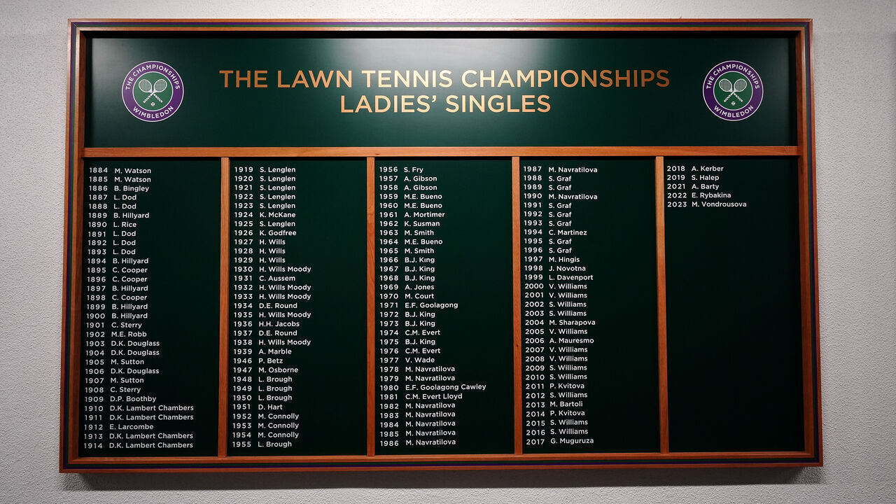 A Ladies' Singles winners board on day fourteen of the 2024 Wimbledon Championships at the All England Lawn Tennis and Croquet Club, London. Picture date: Sunday July 14, 2024.