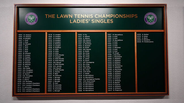 A Ladies' Singles winners board on day fourteen of the 2024 Wimbledon Championships at the All England Lawn Tennis and Croquet Club, London. Picture date: Sunday July 14, 2024.