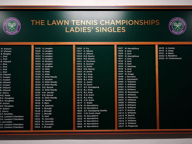 A Ladies' Singles winners board on day fourteen of the 2024 Wimbledon Championships at the All England Lawn Tennis and Croquet Club, London. Picture date: Sunday July 14, 2024.