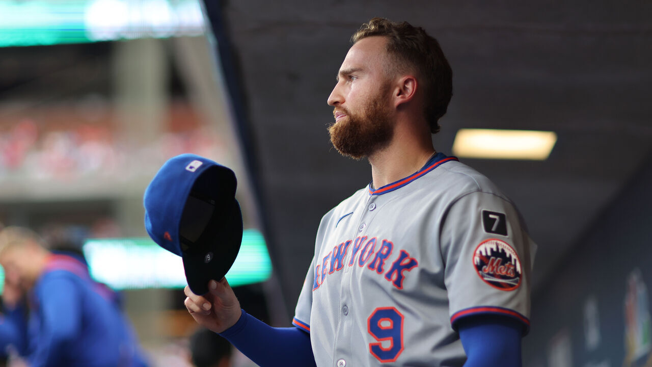 PHILADELPHIA, PA - JUNE 20: Brandon Nimmo #9 of the New York Mets looks on from the dugout during the game between the New York Mets and the Philadelphia Phillies at Citizens Bank Park on Friday, June 20, 2025 in Philadelphia, Pennsylvania.