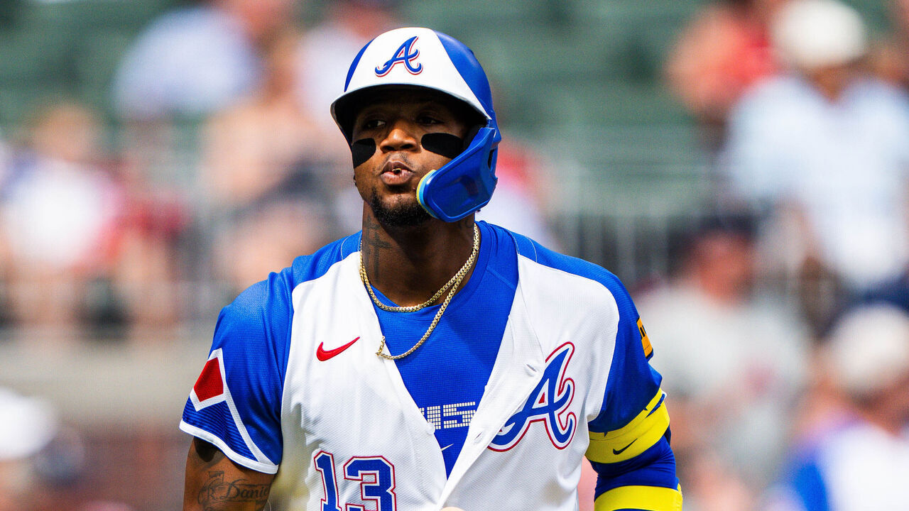 ATLANTA, GA - JUNE 14: Ronald Acuña Jr. #13 of the Atlanta Braves celebrates after hitting a home run in the second inning against the Colorado Rockies at Truist Park on June 14, 2025 in Atlanta, Georgia.