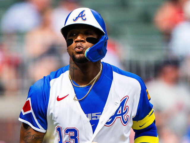 ATLANTA, GA - JUNE 14: Ronald Acuña Jr. #13 of the Atlanta Braves celebrates after hitting a home run in the second inning against the Colorado Rockies at Truist Park on June 14, 2025 in Atlanta, Georgia.