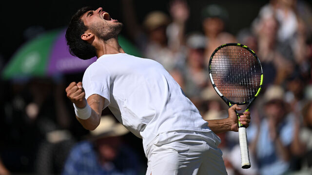 LONDON, ENGLAND - JULY 11: Carlos Alcaraz of Spain celebrates winning match point against Taylor Fritz of United States during the Gentlemen's semi-final match on day twelve of The Championships Wimbledon 2025 at All England Lawn Tennis and Croquet Club on July 11, 2025 in London, England.