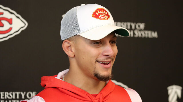 KANSAS CITY, MISSOURI - MAY 29: Quarterback Patrick Mahomes #15 of the Kansas City Chiefs speaks to the media during the press conference interviews after the Kansas City Chiefs OTAs at The University of Kansas Health System Training Complex on May 29, 2025 in Kansas City, Missouri.