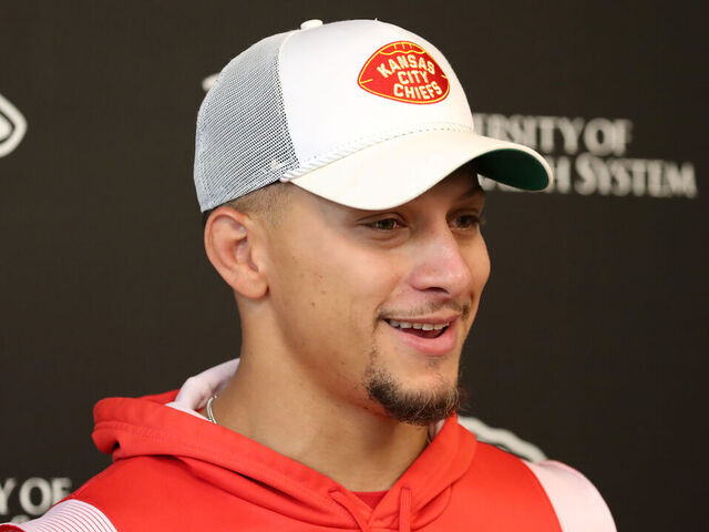 KANSAS CITY, MISSOURI - MAY 29: Quarterback Patrick Mahomes #15 of the Kansas City Chiefs speaks to the media during the press conference interviews after the Kansas City Chiefs OTAs at The University of Kansas Health System Training Complex on May 29, 2025 in Kansas City, Missouri.