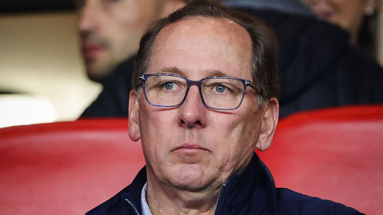 Olympique Lyonnais' (OL) US President John Textor looks on from the stands prior to the French L1 football match between AS Monaco and Olympique Lyonnais (OL) at the Louis II Stadium (Stade Louis II) in the Principality of Monaco on May 10, 2025.