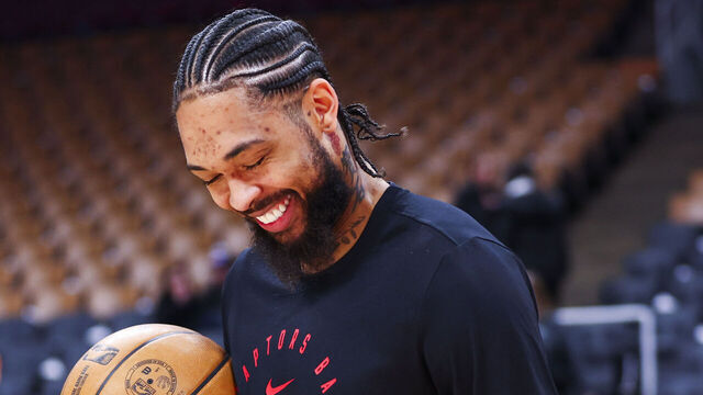 TORONTO, CANADA - MARCH 8: Brandon Ingram #3 of the Toronto Raptors smiles before the game against the Washington Wizards on March 8, 2025 at the Scotiabank Arena in Toronto, Ontario, Canada. Mandatory Copyright Notice: Copyright 2025 NBAE