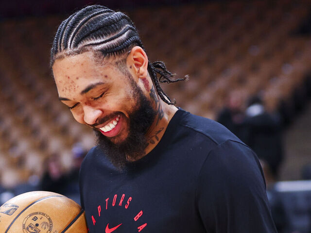 TORONTO, CANADA - MARCH 8: Brandon Ingram #3 of the Toronto Raptors smiles before the game against the Washington Wizards on March 8, 2025 at the Scotiabank Arena in Toronto, Ontario, Canada. Mandatory Copyright Notice: Copyright 2025 NBAE