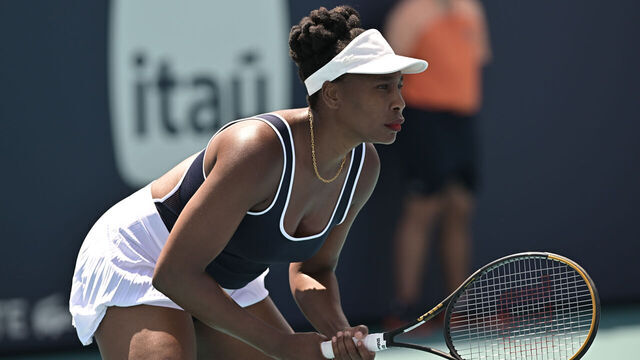 MIAMI GARDENS, FL - MARCH 19: Venus Williams plays in the first match during the Miami Open on March 19, 2024, at Hard Rock Stadium in Miami Gardens, FL.