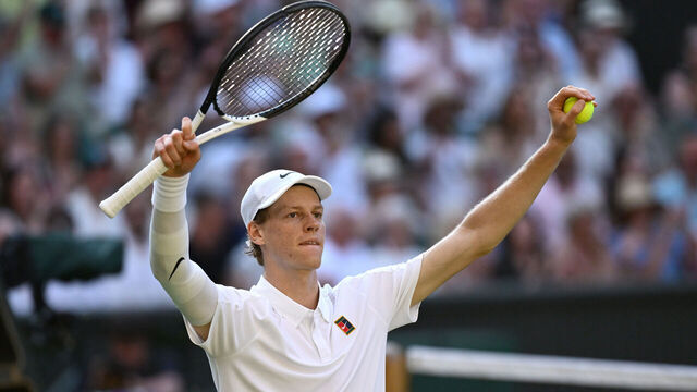 LONDON, ENGLAND - JULY 11: Jannik Sinner of Italy celebrates winning match point against Novak Djokovic of Serbia during the Gentlemen's Singles semi-final match on day twelve of The Championships Wimbledon 2025 at All England Lawn Tennis and Croquet Club on July 11, 2025 in London, England.