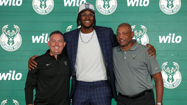 LAS VEGAS, NV - JULY 11: Jon Horst and Doc Rivers of the Milwaukee Bucks Introduce Myles Turner during a Press Conference at the 2025 NBA Summer League game on July 11, 2025 at the Thomas & Mack Center in Las Vegas, Nevada. Mandatory Copyright Notice: Copyright 2025 NBAE