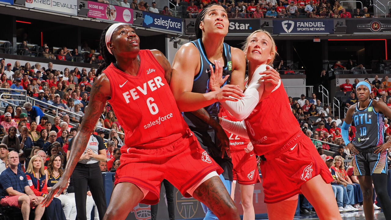 INDIANAPOLIS, IN - JULY 11: Natasha Howard #6, Sophie Cunningham #8 of the Indiana Fever and Brionna Jones #24 of the Atlanta Dream wait for the rebound during the game on July 11, 2025 at Gainbridge Fieldhouse in Indianapolis, Indiana. Mandatory Copyright Notice: Copyright 2025 NBAE