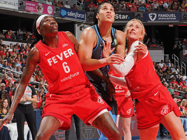 INDIANAPOLIS, IN - JULY 11: Natasha Howard #6, Sophie Cunningham #8 of the Indiana Fever and Brionna Jones #24 of the Atlanta Dream wait for the rebound during the game on July 11, 2025 at Gainbridge Fieldhouse in Indianapolis, Indiana. Mandatory Copyright Notice: Copyright 2025 NBAE