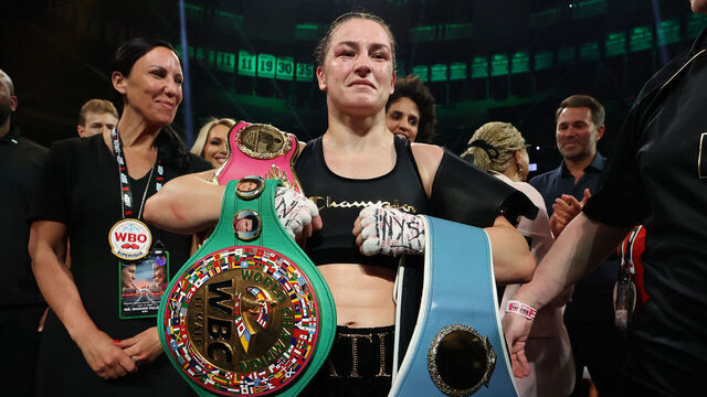 NEW YORK, NEW YORK - JULY 11: Katie Taylor celebrates after defeating Amanda Serrano by a majority decision in their undisputed IBF, WBA, WBC, WBO, and Ring super lightweight championship bout during Netflix's Katie Taylor vs Amanda Serrano 3 at Madison Square Garden on July 11, 2025 in New York City.