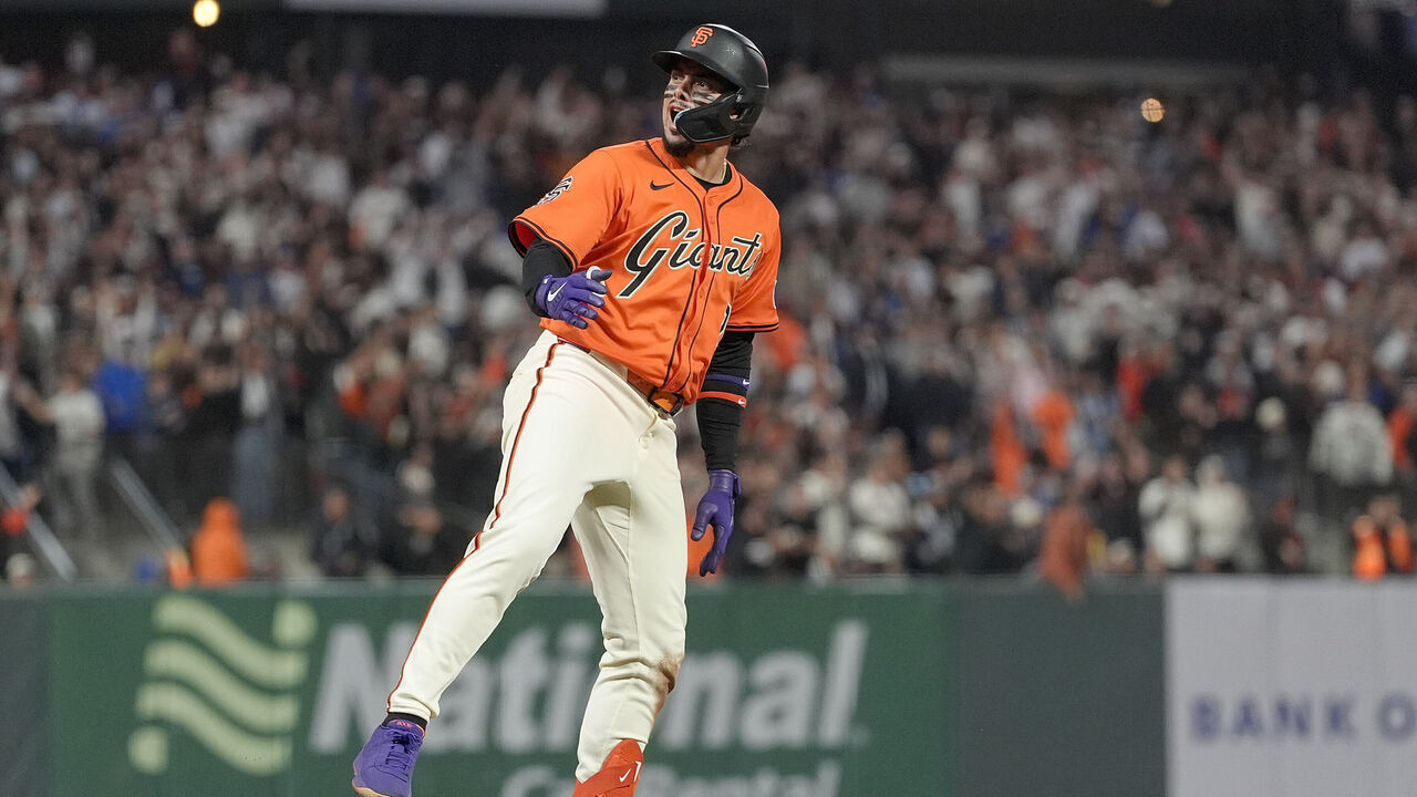 SAN FRANCISCO, CALIFORNIA - JULY 11: Willy Adames #2 of the San Francisco Giants standing on third base reacts after hitting a two-run rbi triple against the Los Angeles Dodgers in the bottom of the fifth inning at Oracle Park on July 11, 2025 in San Francisco, California.
