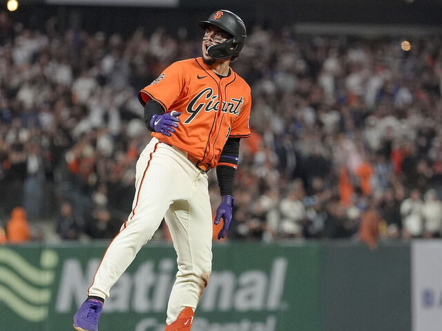 SAN FRANCISCO, CALIFORNIA - JULY 11: Willy Adames #2 of the San Francisco Giants standing on third base reacts after hitting a two-run rbi triple against the Los Angeles Dodgers in the bottom of the fifth inning at Oracle Park on July 11, 2025 in San Francisco, California.