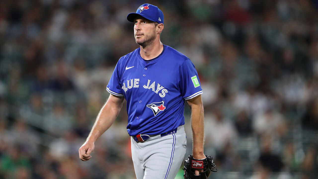SACRAMENTO, CALIFORNIA - JULY 11: Max Scherzer #31 of the Toronto Blue Jays walks off the mound after striking out Denzel Clarke #1 of the Athletics to end the fifth inning at Sutter Health Park on July 11, 2025 in Sacramento, California.