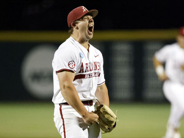 FAYETTEVILLE, AR - JUNE 01: Arkansas Razorbacks pitcher Gage Wood (14) reacts after striking out the last batter he would face during the NCAA Division I Regional baseball game between the Creighton Blue Jays and Arkansas Razorbacks on June 1, 2025, at Baum-Walker Stadium in Fayetteville, Arkansas.