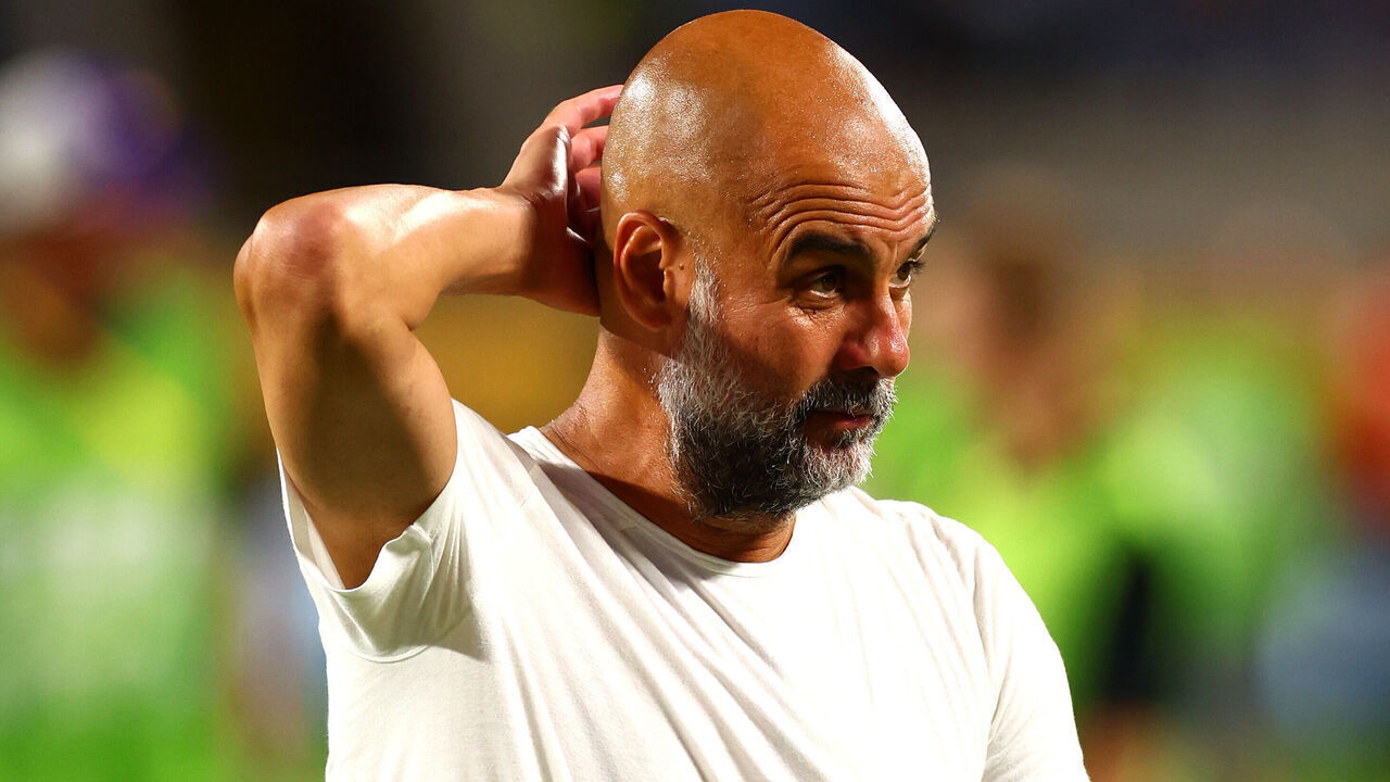 ORLANDO, FLORIDA - JUNE 30: Manchester City coach Josep Guardiola looks dejected at full-time following the FIFA Club World Cup 2025 round of 16 match between Manchester City and Al-Hilal at Camping World Stadium on June 30, 2025 in Orlando, Florida.